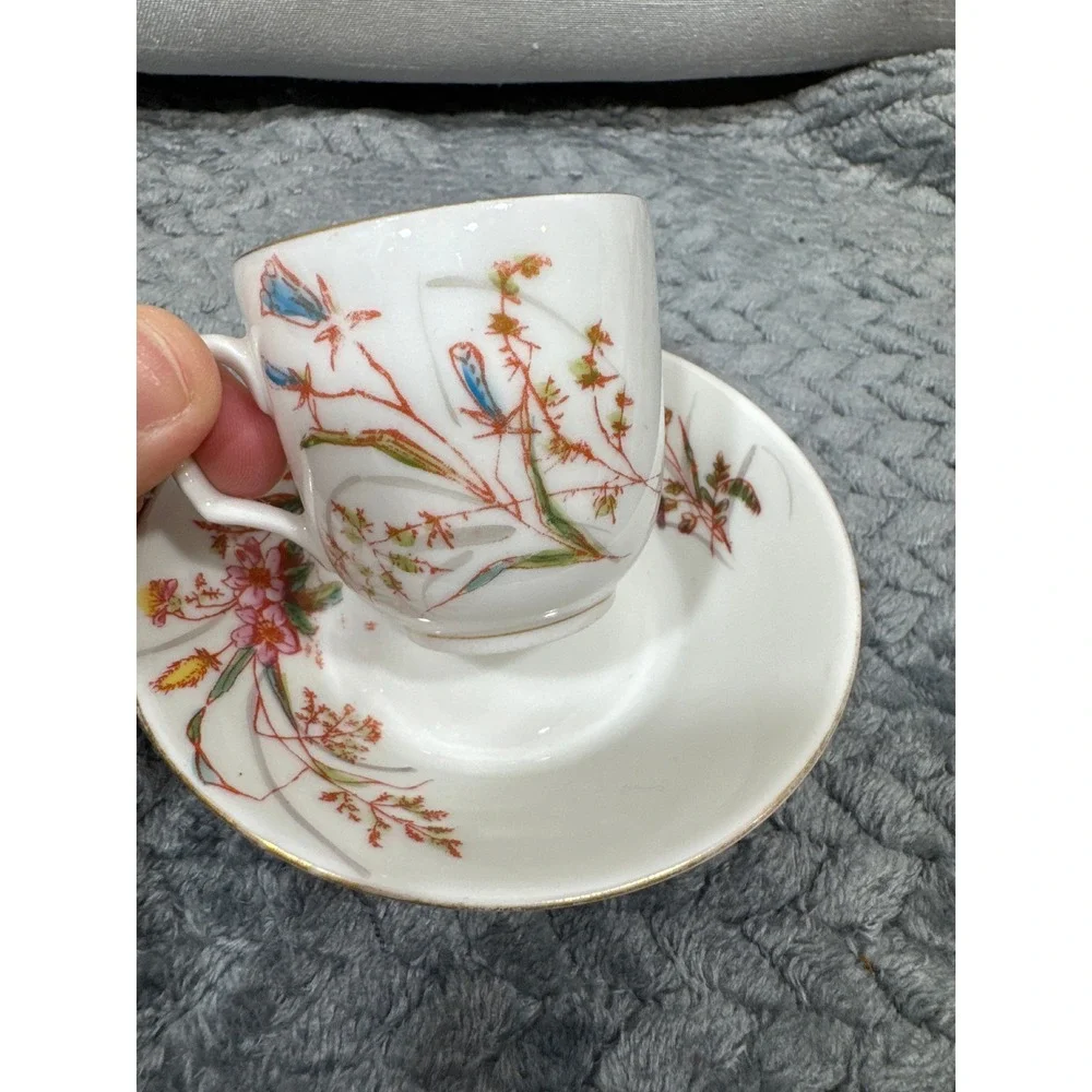 Vintage‎ Floral Porcelain Demitasse Cup + Saucer Set Gold Gilt Trim Hand Painted